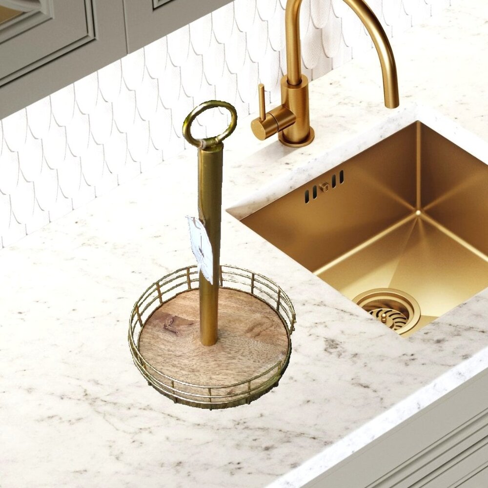 Kitchen - Metal and Wood Paper Towel Holder with Basket